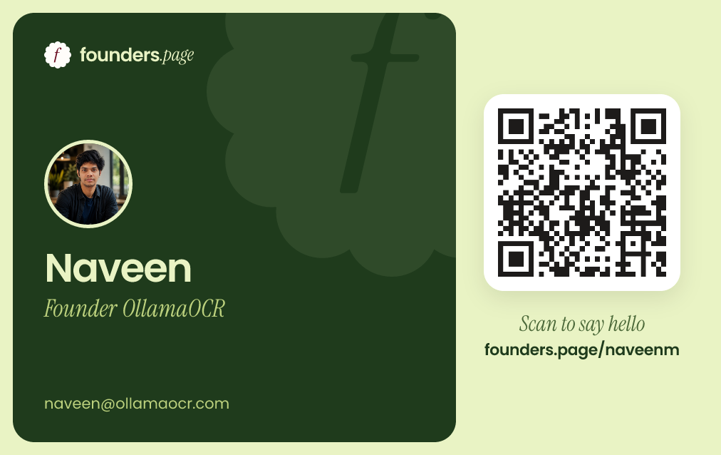 A founders.page Founder Card: Naveen's photo, name and email on a green card, with a QR code to founders.page/naveenm